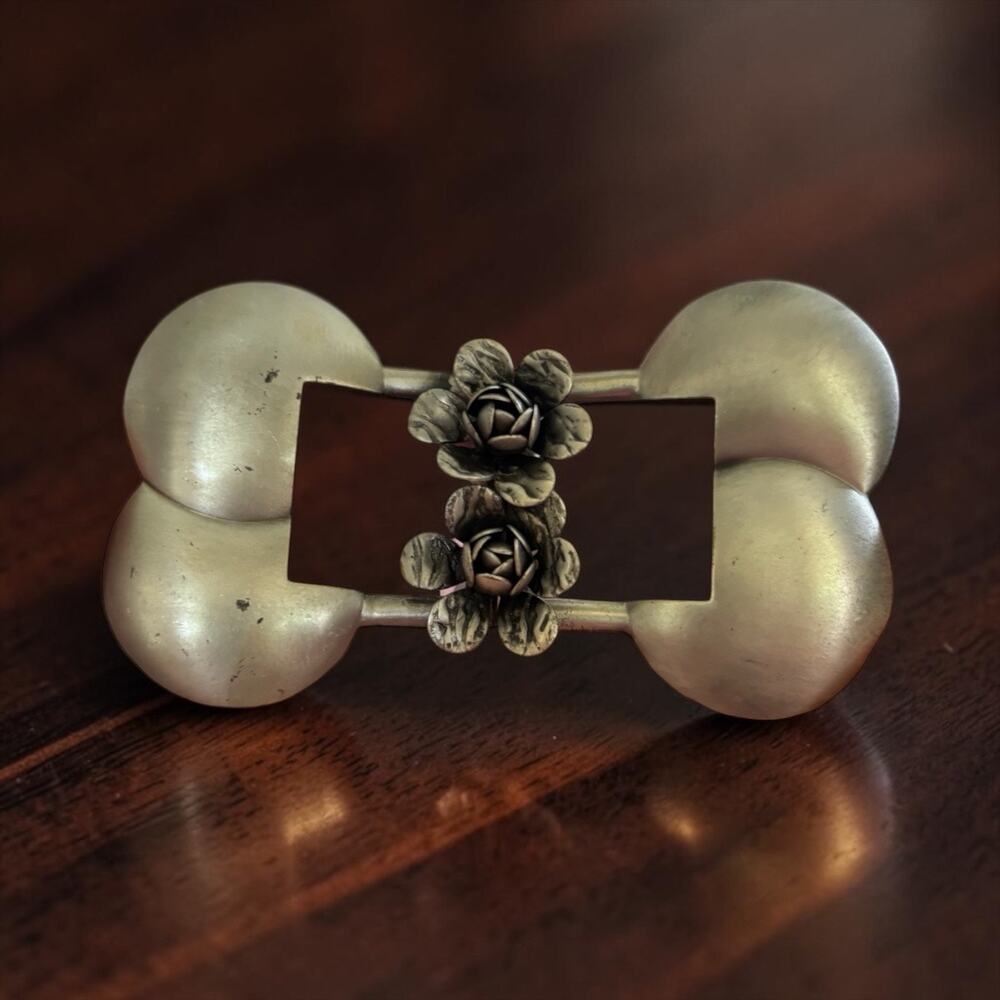 Vintage Art Deco Silver Tone Floral Belt Buckle 2 Piece Art Moderne Women’s Belt